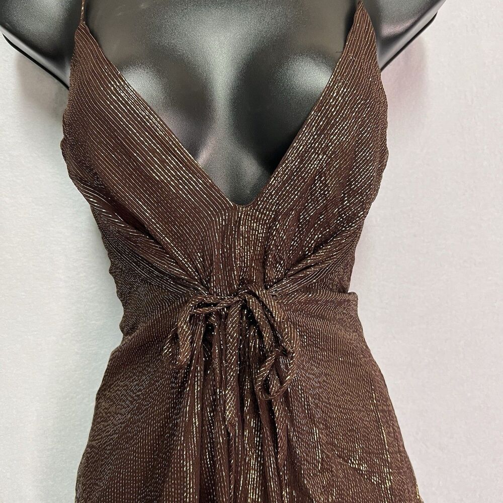 Nicole Miller Silk Lurex Brown Gold Plunge Handkerchief Dress 8 Y2K Fairy Boho - Picture 2 of 8